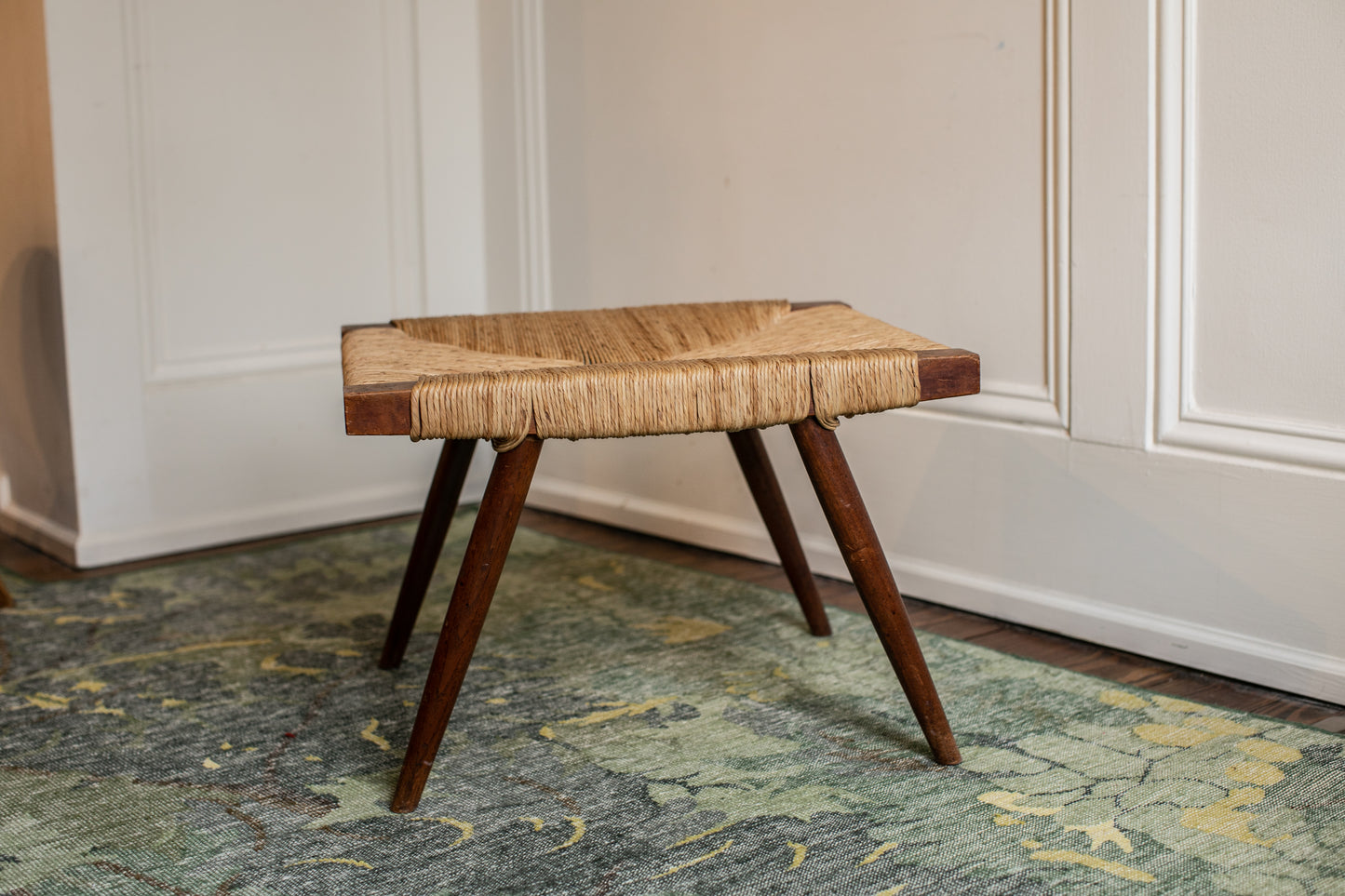 Rush Seat Wooden Stool in the Manner of George Nakashima