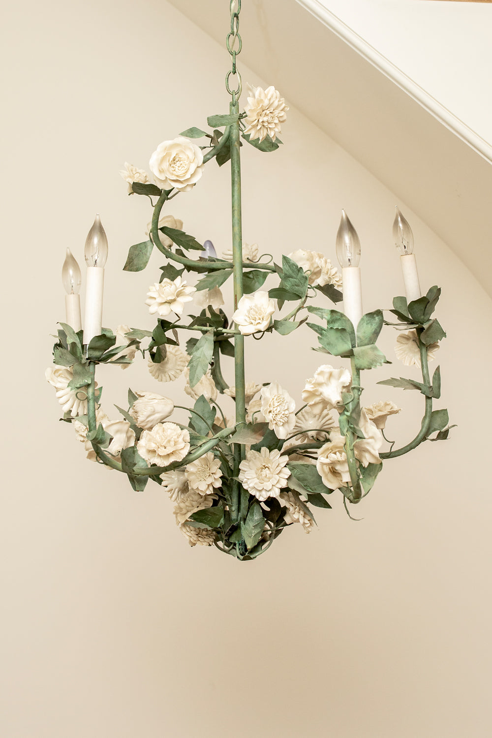 French Tole & Porcelain Foliage Chandelier