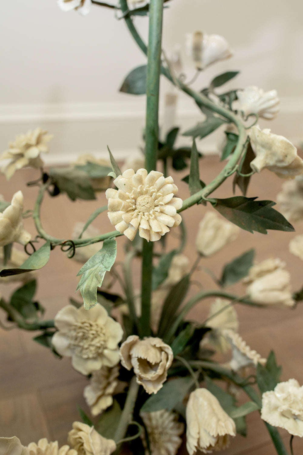 French Tole & Porcelain Foliage Chandelier