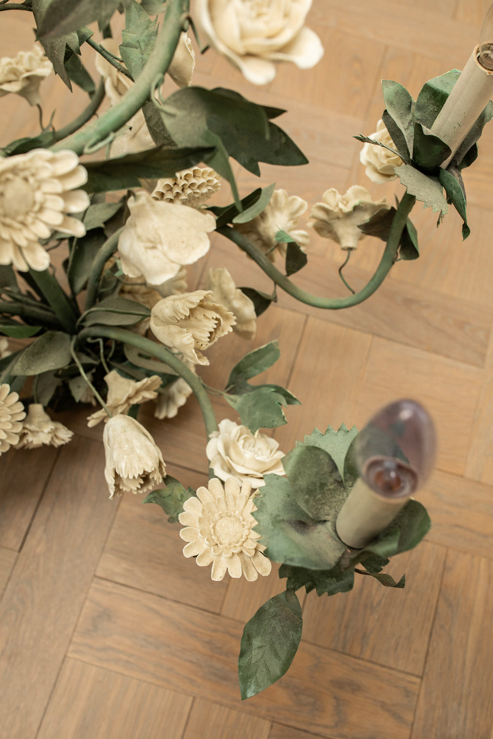 French Tole & Porcelain Foliage Chandelier