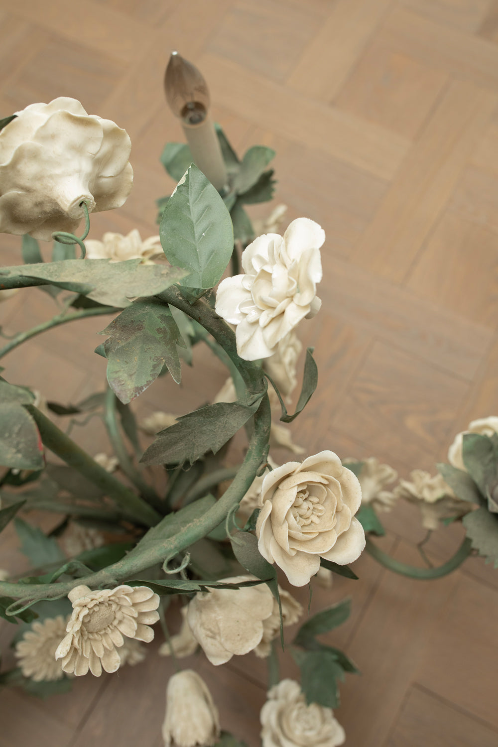 French Tole & Porcelain Foliage Chandelier