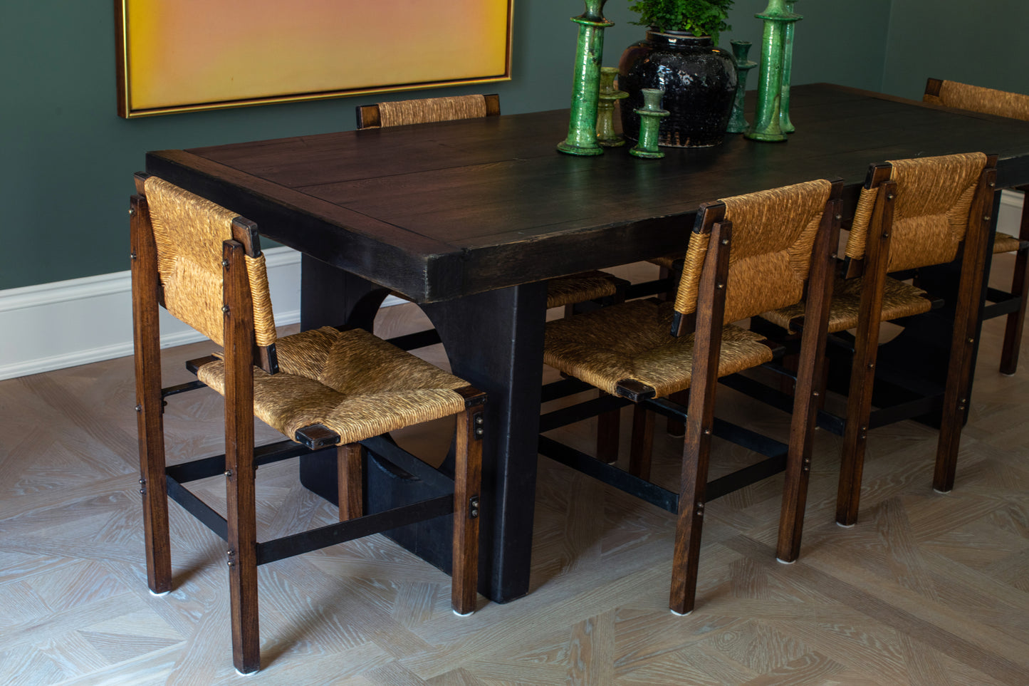 Wood & Rush Dining Room Chairs in the Manner of Charlotte Perriand