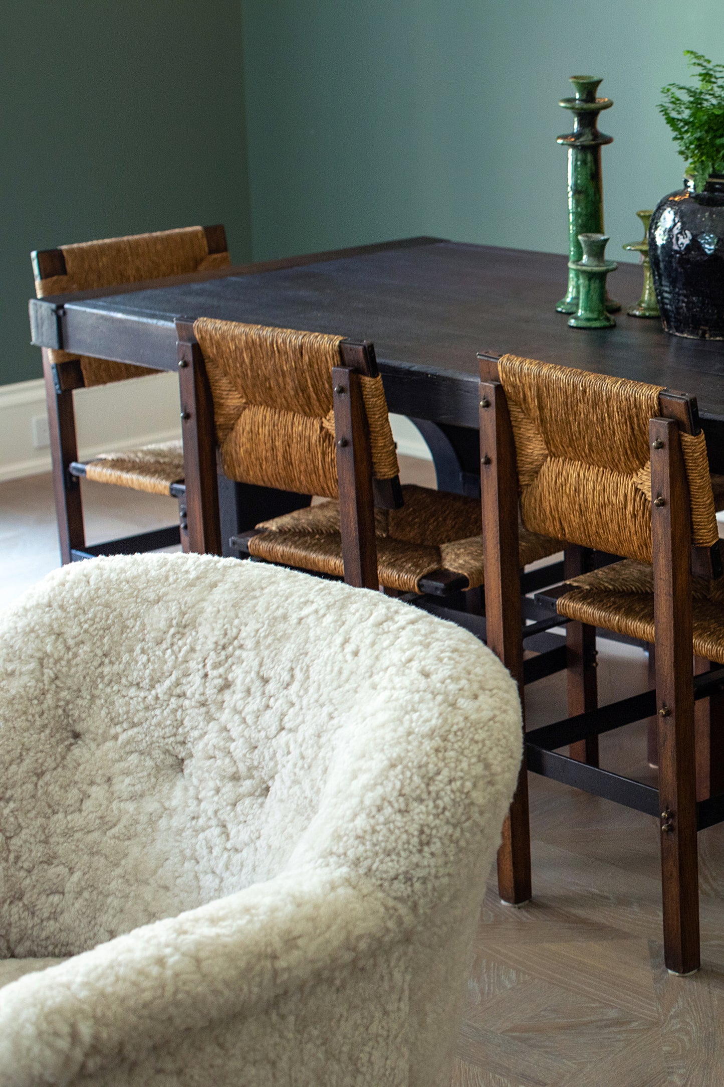 Wood & Rush Dining Room Chairs in the Manner of Charlotte Perriand