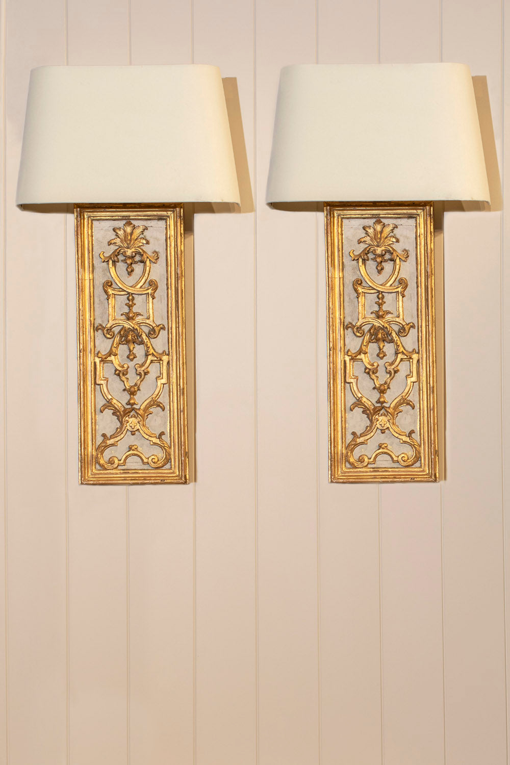 Gilded Gold and White Wood Wall Sconces