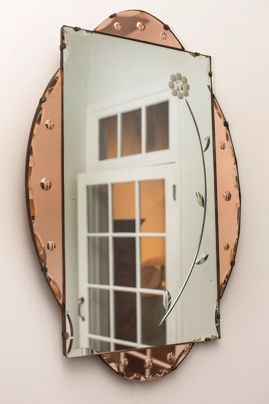 Floral Scalloped Pink Glass Mirror