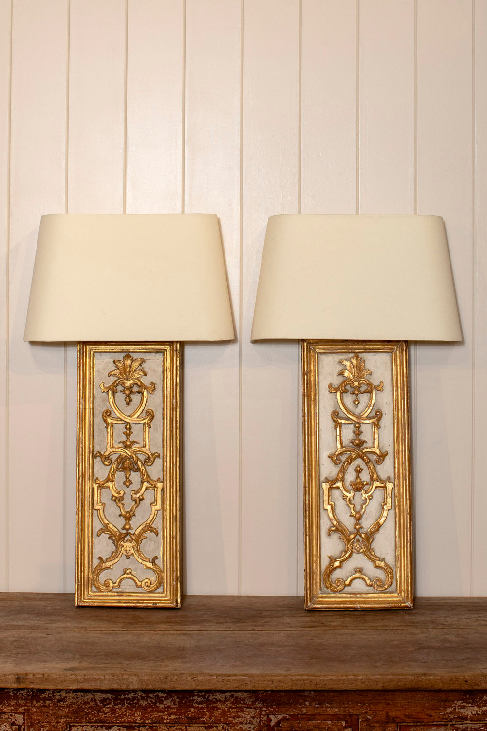 Gilded Gold and White Wood Wall Sconces