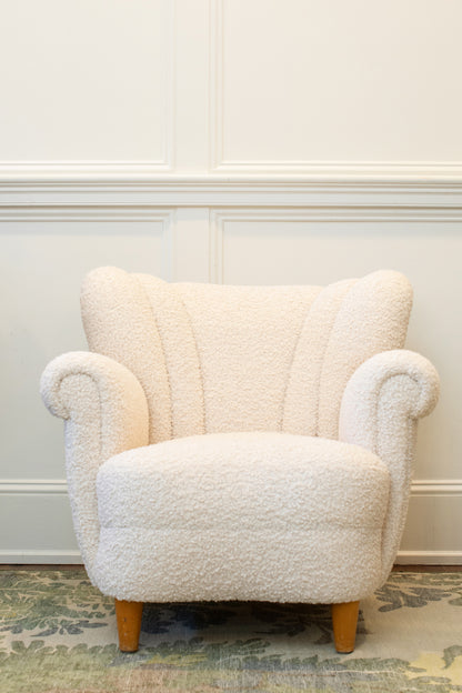 Swedish Wingback Chair in Ivory Sherpa Boucle