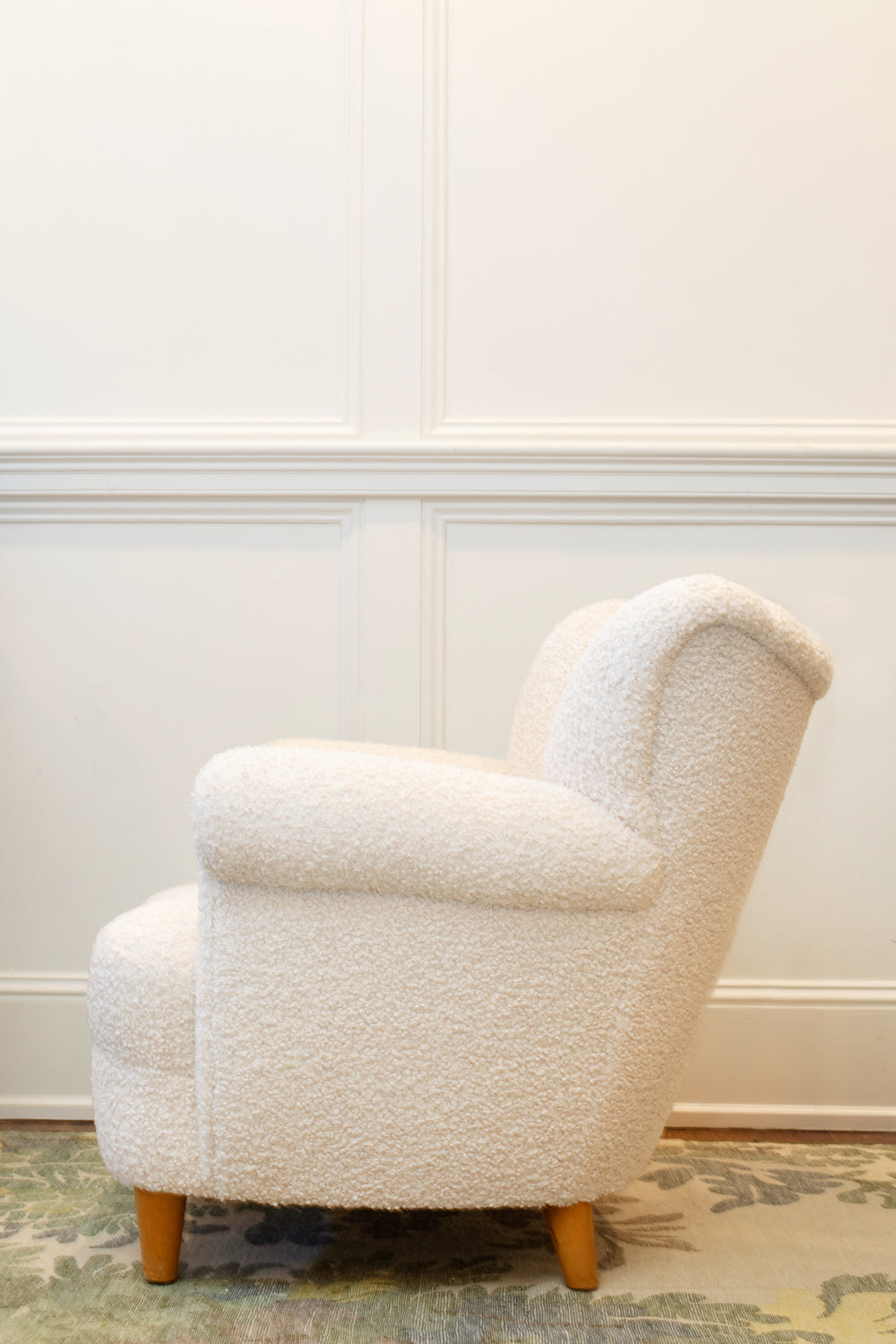 Swedish Wingback Chair in Ivory Sherpa Boucle