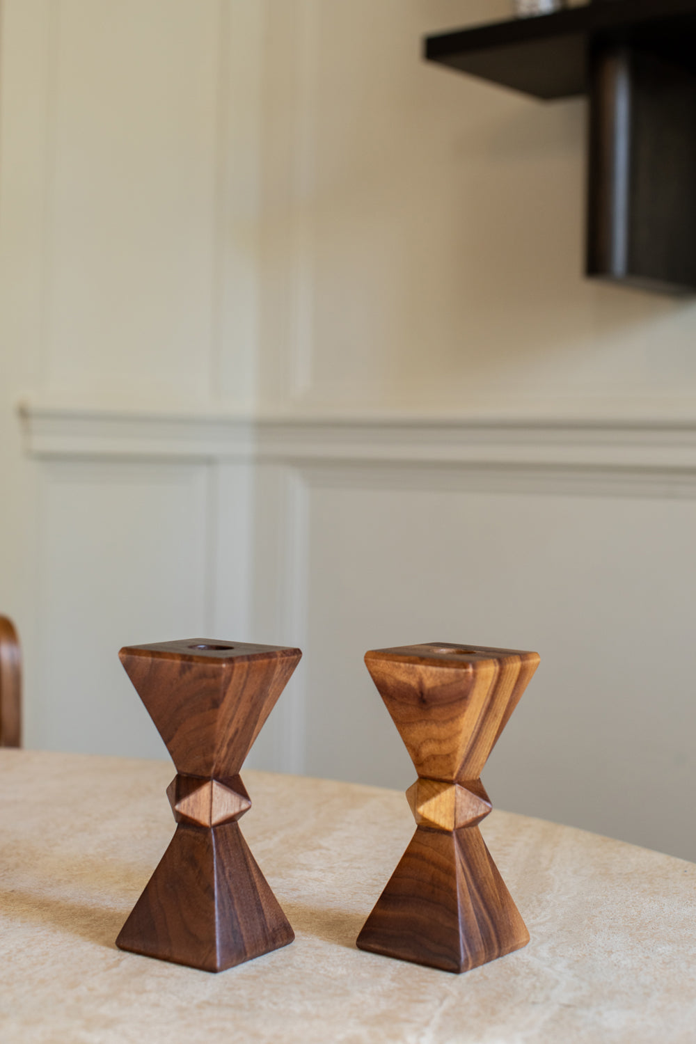 Dark Walnut Hourglass Stud Candlestick Set