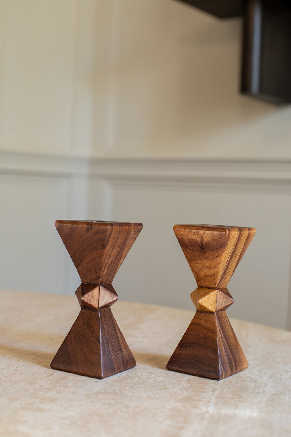 Dark Walnut Hourglass Stud Candlestick Set