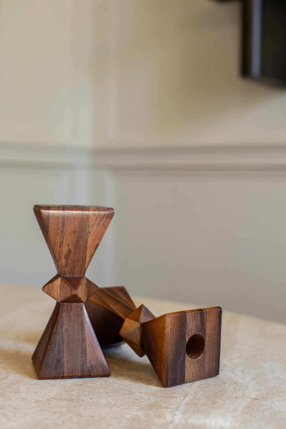 Dark Walnut Hourglass Stud Candlestick Set