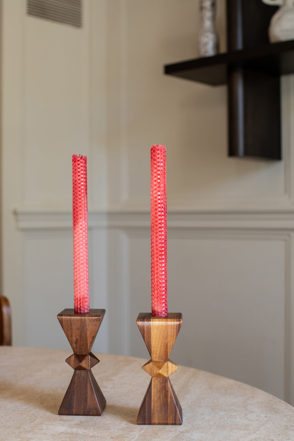 Dark Walnut Hourglass Stud Candlestick Set