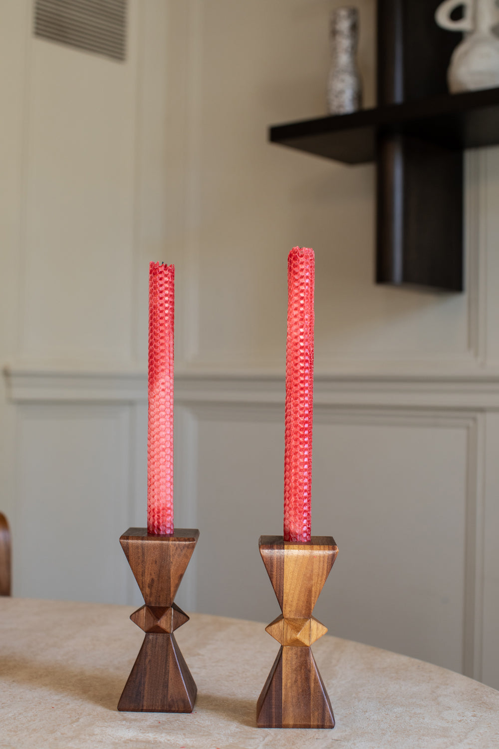 Dark Walnut Hourglass Stud Candlestick Set