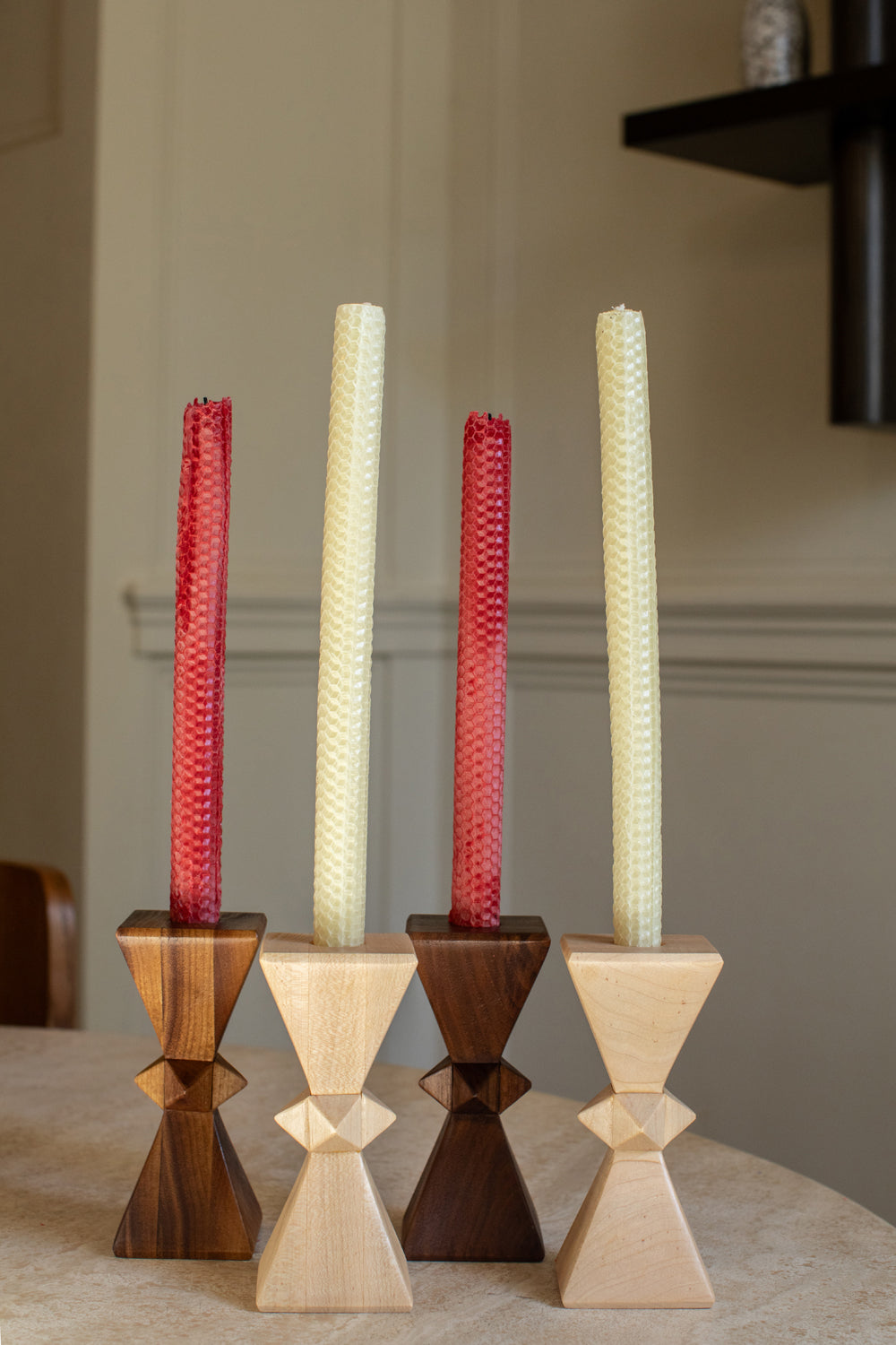 Dark Walnut Hourglass Stud Candlestick Set