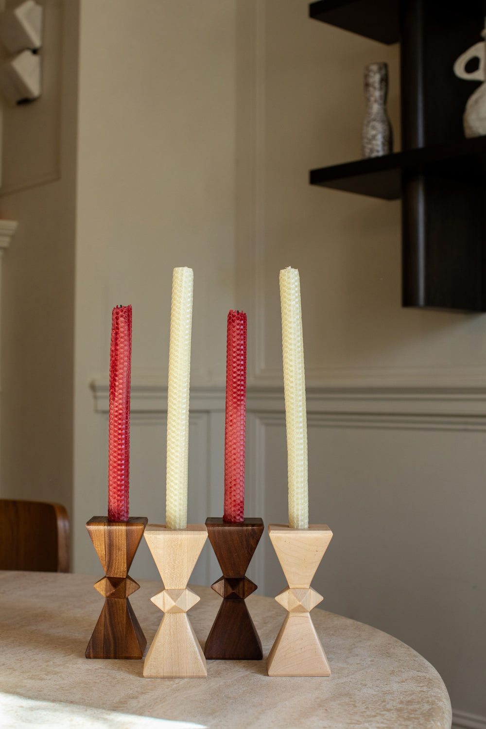 Dark Walnut Hourglass Stud Candlestick Set